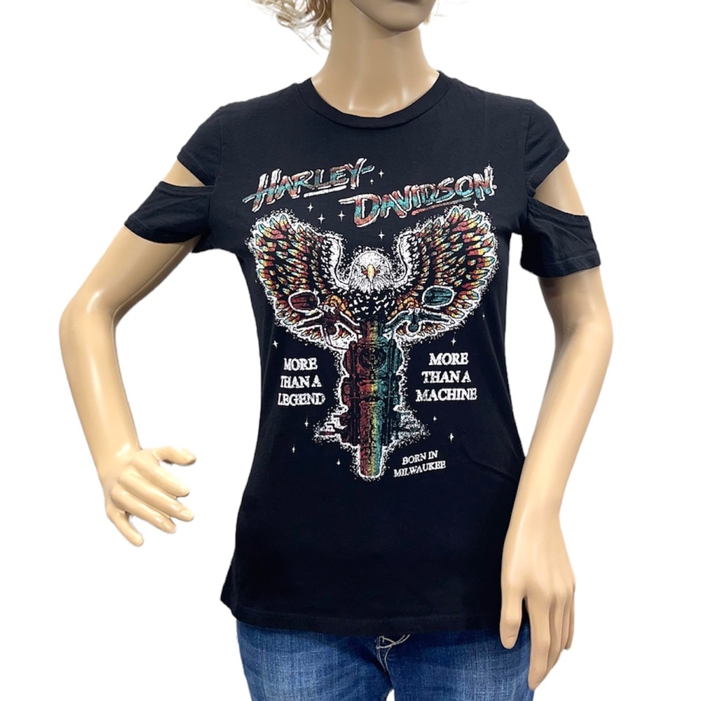 HARLEY-DAVIDSON Black Woman’s Cold Shoulder Short Sleeve Tee Shirt Size XS